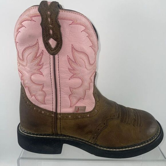 JUSTIN, GYPSY Boots Women’s 5‎ B Pink Upper Brown Lower - All Leather L9901 - Picture 1 of 11